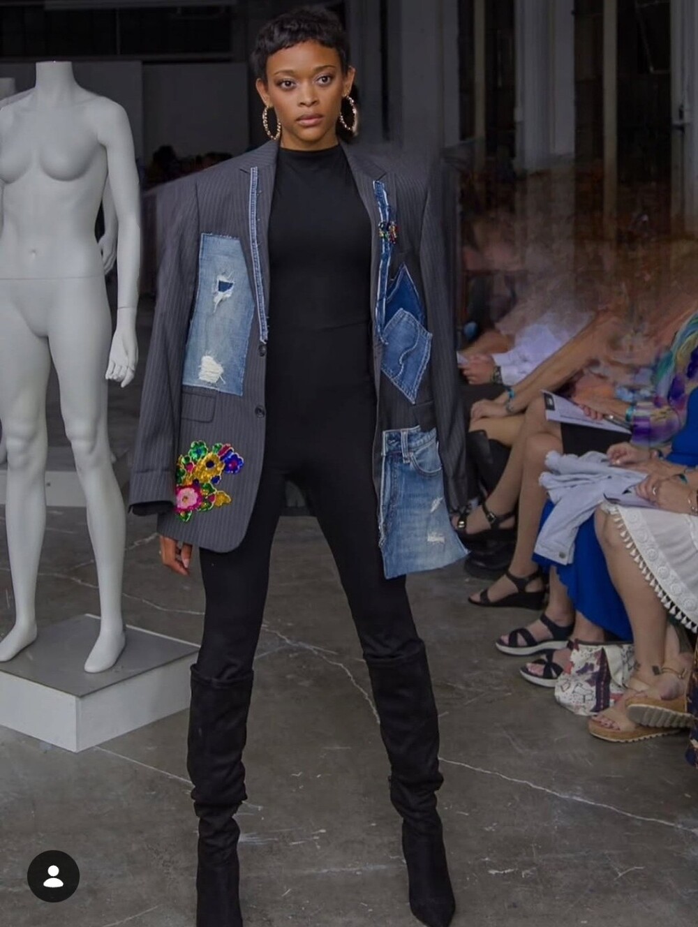 Black Pinstripe Blazer with Denim Patchwork & Floral Detail